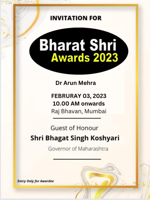 Dr. Arun Mehra receiving Bharat Shri Awards 2023 from Shri Bhagat Singh Koshyari